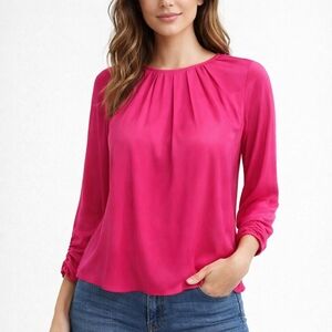 Zara Fuchsia Pleated Neck Long-Sleeve Blouse